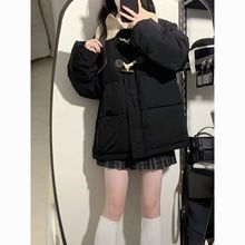 2023冬季新款设计感牛角扣黑色棉服女ins加厚学生撞色面包服外套