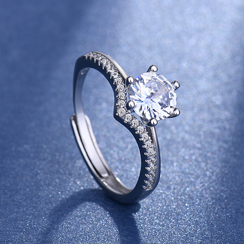 欧美跨境s925银莫桑钻戒公主皇冠镶钻六爪一克拉活口戒指女 批发