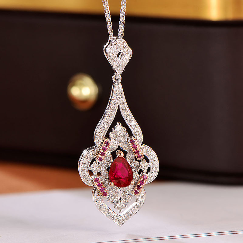 18k金天然红宝石钻石锁骨链红宝项链套链镶嵌真金真钻水滴红宝石