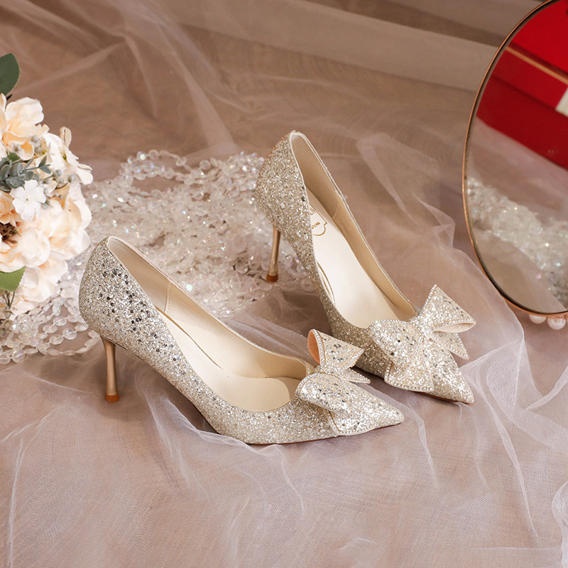 秀禾婚纱两穿婚鞋高级感新娘蝴蝶结高跟鞋水晶鞋宴会单鞋-阿里巴巴