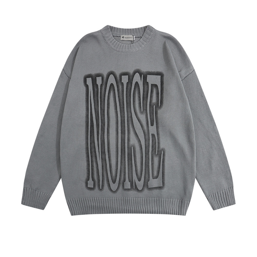 美式大英文字母喷绘印花圆领毛衣男装欧美潮流宽松秋冬季套头毛衫