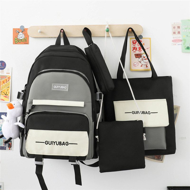 Four-Piece Set Elementary and Middle School Student Schoolbags Men Korean College Harajuku Contrast Color Cute Fresh Junior School Backpack Women