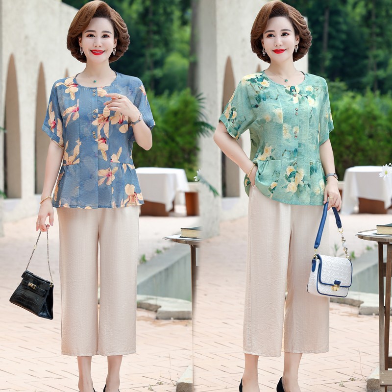 New Middle-Aged and Elderly Women's Summer Short-Sleeved T-shirt Mother's Summer Suit Middle-Aged Western Style Cotton and Linen Top Two-Piece Suit