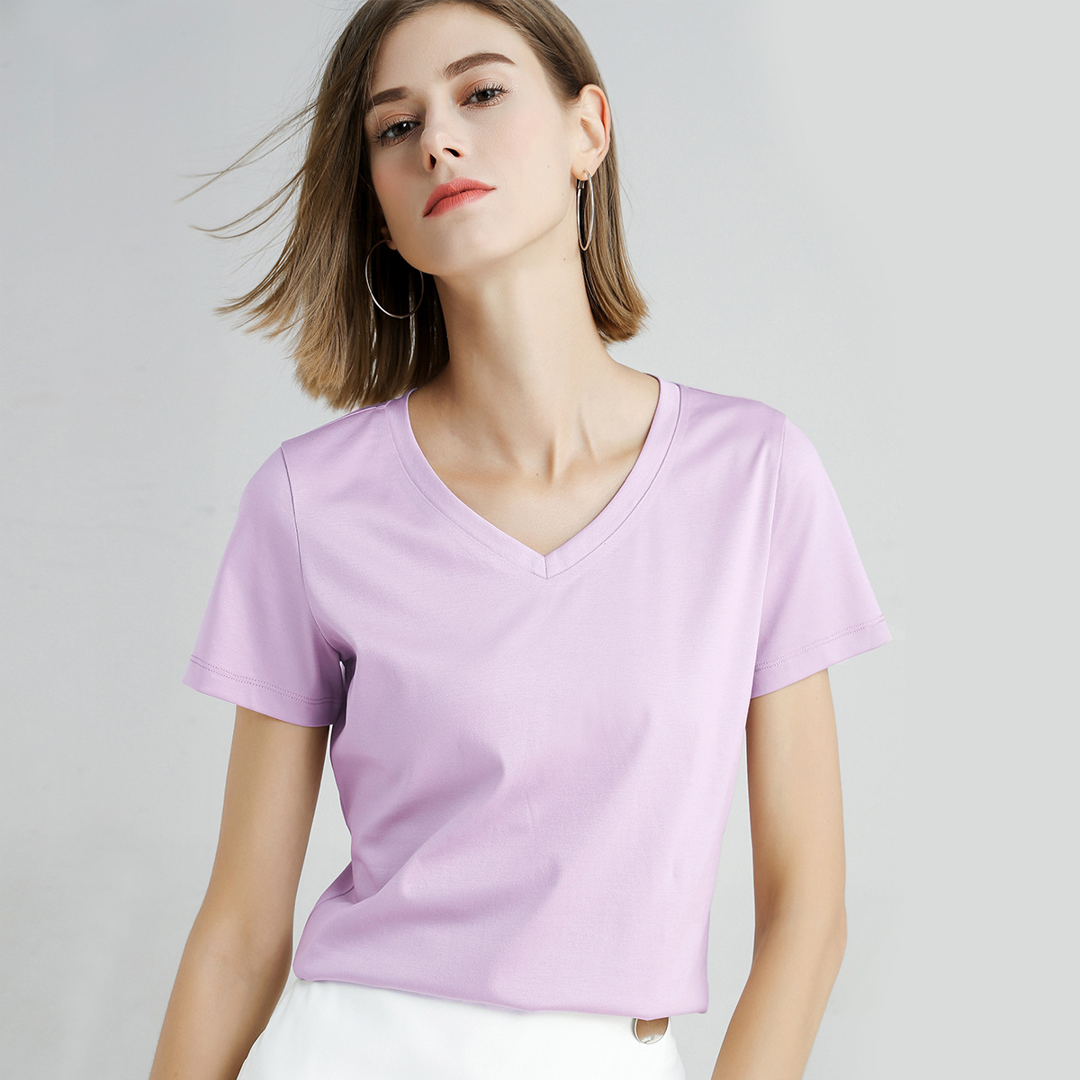 短袖t恤女不变形高支丝光棉莫代尔t恤夏季女装宽松v领香芋紫棉t