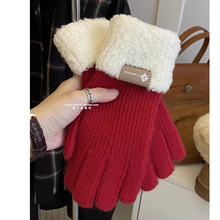 糯叽叽手感保暖加厚纯色冬季毛线手套学生分指可爱韩版新款简约女