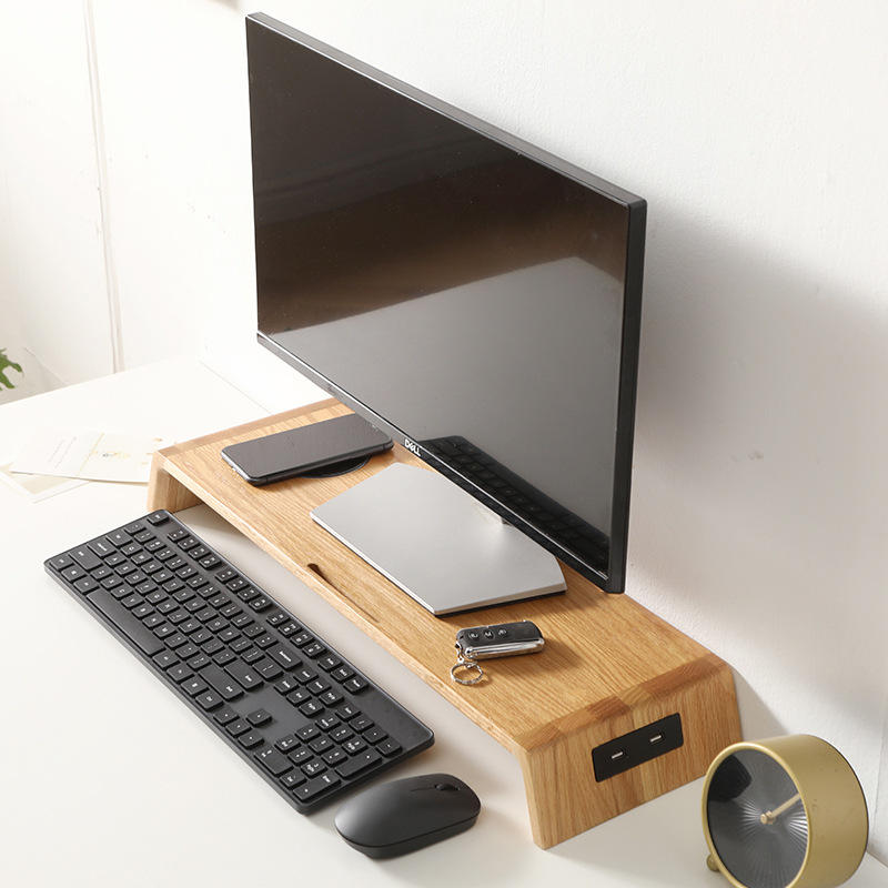 红橡木实木电脑屏幕增高架办公桌桌面置物架usb插口多功能置物架