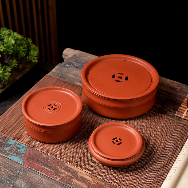 6英寸8英寸手工手拉朱泥茶盘壶承红泥圆形紫砂茶船储水干泡台茶海