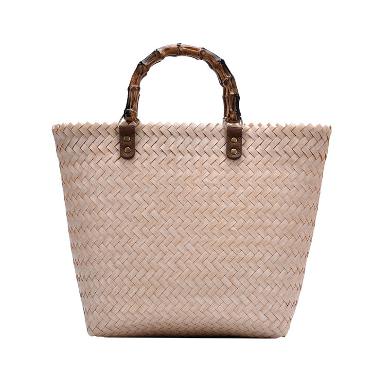 Bamboo Handle Bag Straw Woven 2023 Autumn New Retro Large Capacity Portable Vegetable Basket Bag Woven Bag Beach Bag