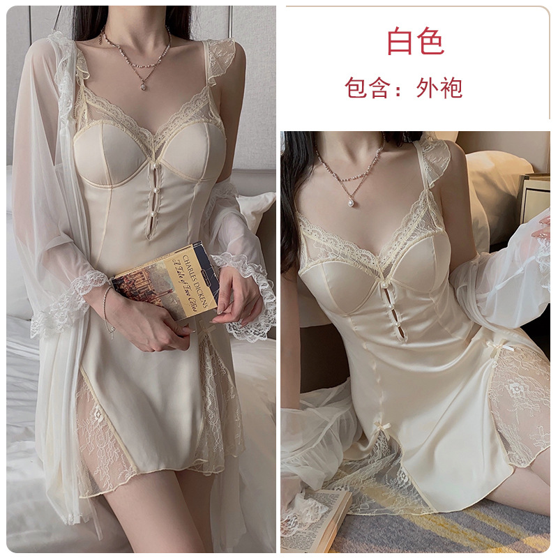 DZ Satin Stitching Lace See-through Sexy Deep V Plus Chest Pad Slip Nightdress Outerwear Gown Loungewear Suit J3179