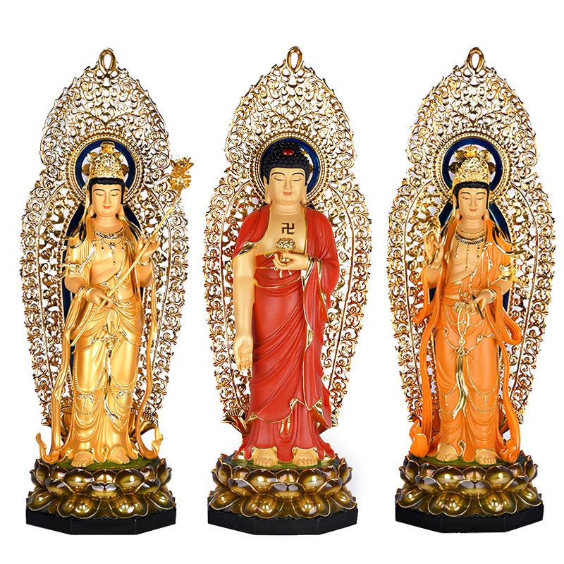 铜鎏金西方三圣彩绘阿弥陀佛站像神像观音佛像供奉家用大势至摆件