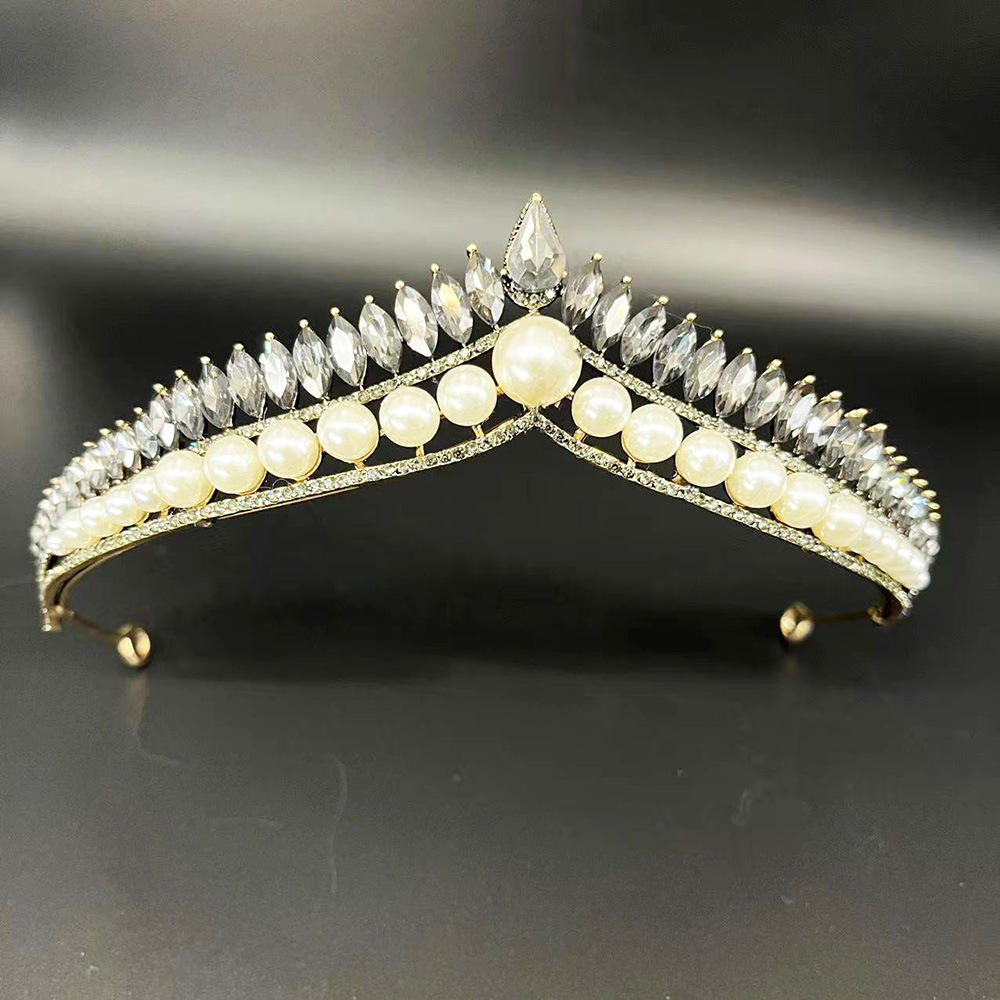 新款新娘珍珠皇冠头饰 韩式简约大气公主王冠网红女神发饰配皇冠