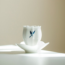 纯手绘蝴蝶兰花茶杯家用陶瓷品茗杯带杯垫杯托主人杯喝茶杯子