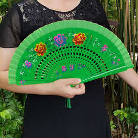 舞蹈扇古风绿色折扇走秀双面扇卖家图案西班牙舞台表演木扇