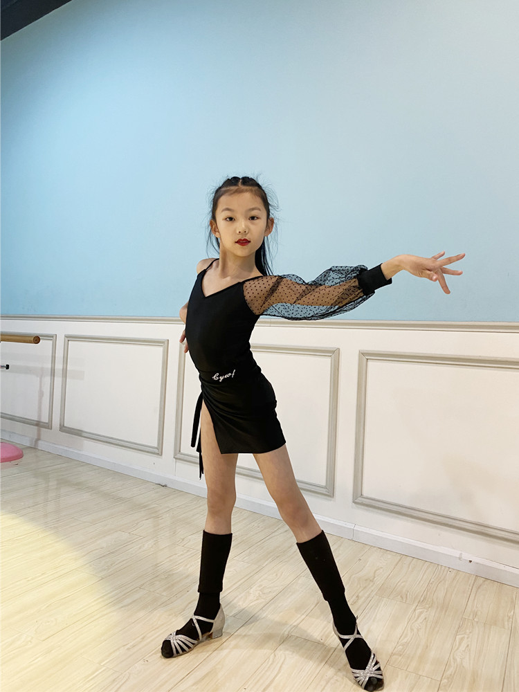 拉丁舞服女儿童练功服少儿拉丁舞蹈服黑色网纱单袖表演服班服