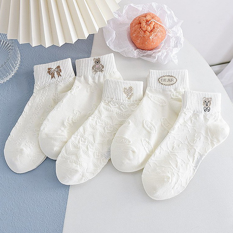 女生白色短袜可爱日系低帮袜ins小熊爱心透气卡通棉袜 织花短筒袜