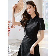 新中式复古盘扣旗袍肌理连衣裙2024夏季新款设计感小黑裙