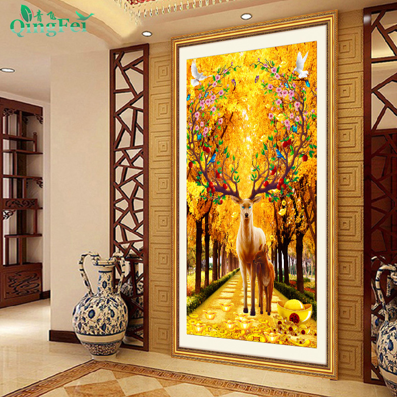 青飞麋鹿黄金满地十字绣财源滚滚发财福鹿图新款玄关走廊简单线绣