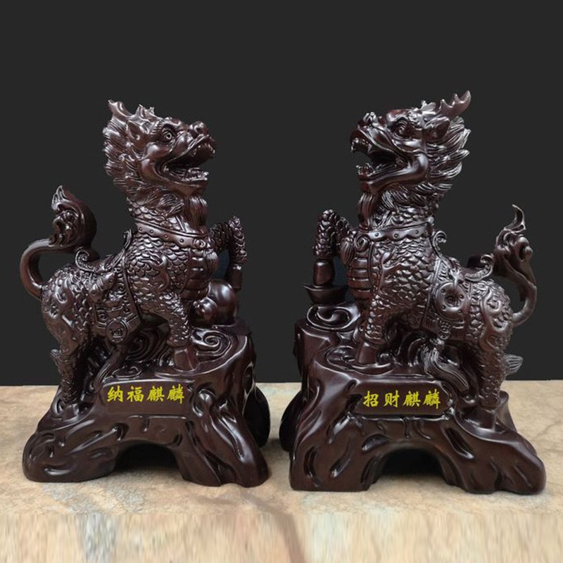 花梨木雕麒麟摆件黑檀木一对实木雕刻家居客厅红木装饰品开业礼品