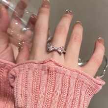 粉色蝴蝶结锆石戒指女夏2024年新款小众设计指环开口可调节食指戒