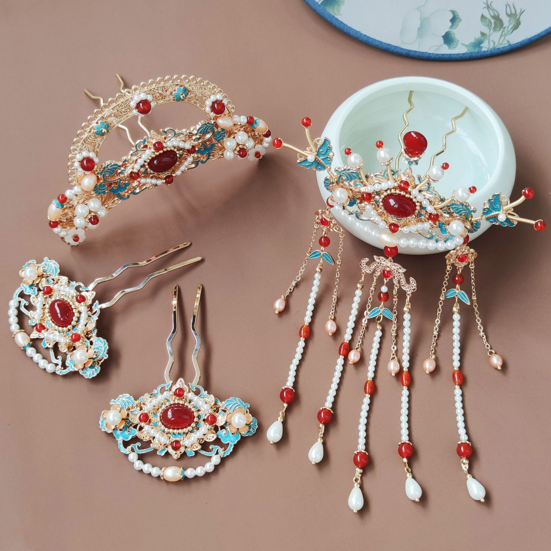 新品手工制作纯铜烧蓝高档汉服头饰古装发饰古风发簪发冠后压明制