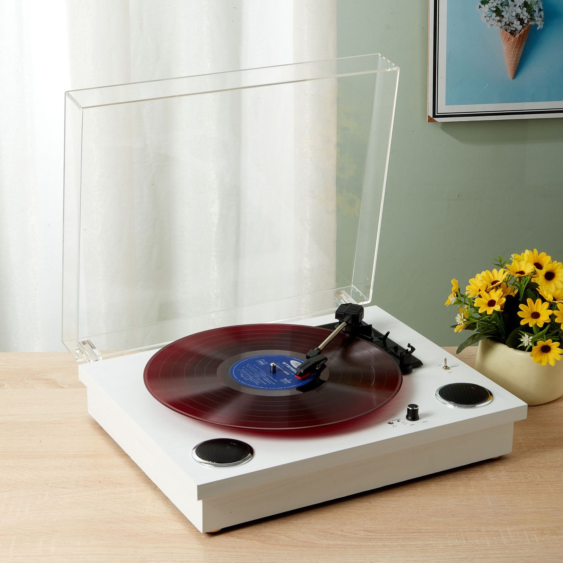 跨境家用台式防尘盖全透明音响木质古典黑胶唱片机无线复古留声机