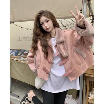 麂皮绒羊羔毛外套女秋冬粉色甜美小个子短款加厚皮毛一体机车棉服