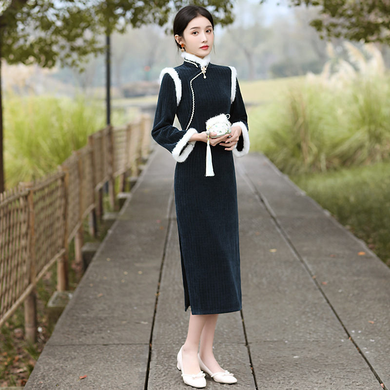 冬季旗袍2021年新款秋冬款高级感加厚加绒女长袖改良连衣裙民国风