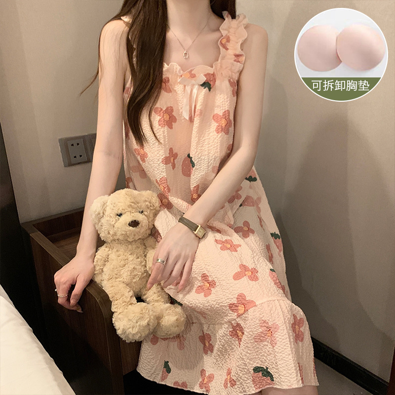 New Fresh Sling Nightdress Women's Comfortable Bubble Wrinkle Cute Little Red Flower Pajamas Long Dress Summer Padded Nightdress