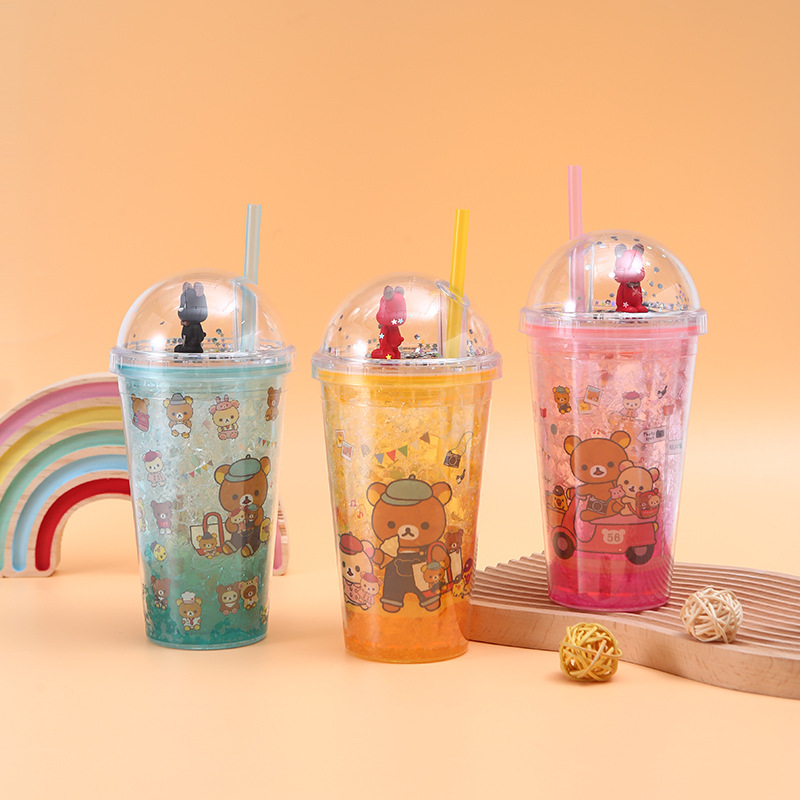 New Creative Crushed Ice Cup Ice Cup Bear Double-Layer Cup with Straw Men and Women Student Portable Summer Cute Ice Cup Plastic Cup