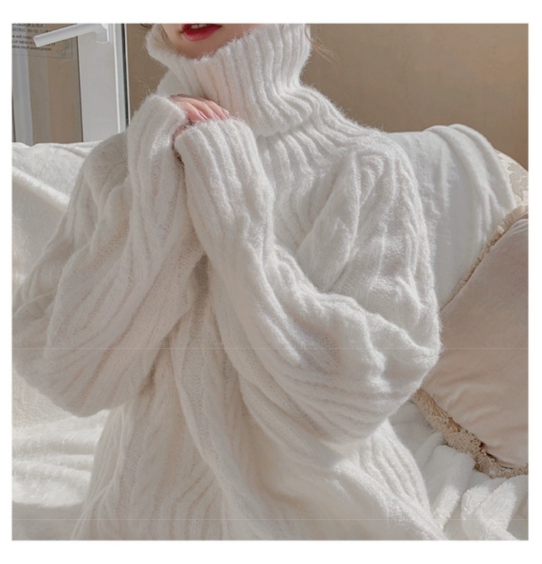 Soft Glutinous Turtleneck Sweater for Women Autumn and Winter Lazy Style Loose Outer Wear Thick Warm White Cable-Knit Pullover Sweater