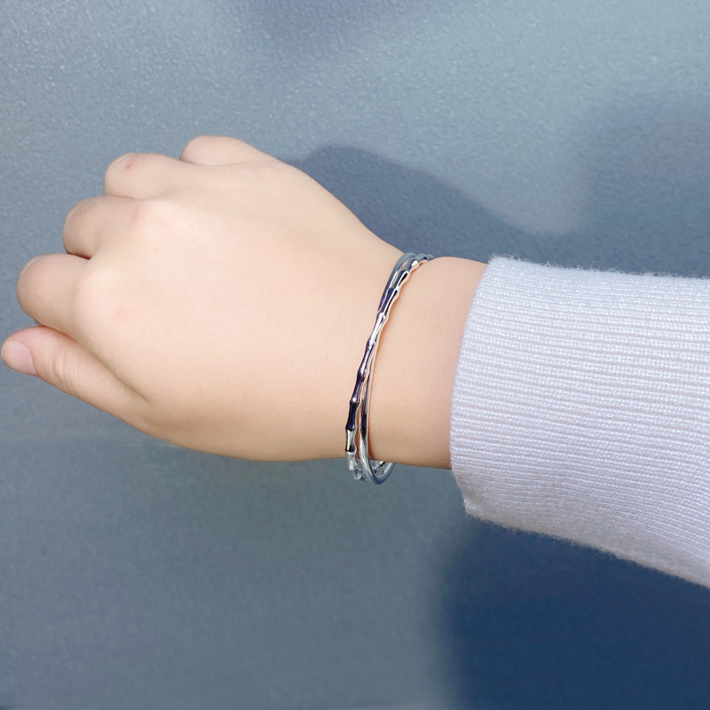 银手镯女纯银999年轻款竹节双圈细手环学生银镯子送女朋友银饰