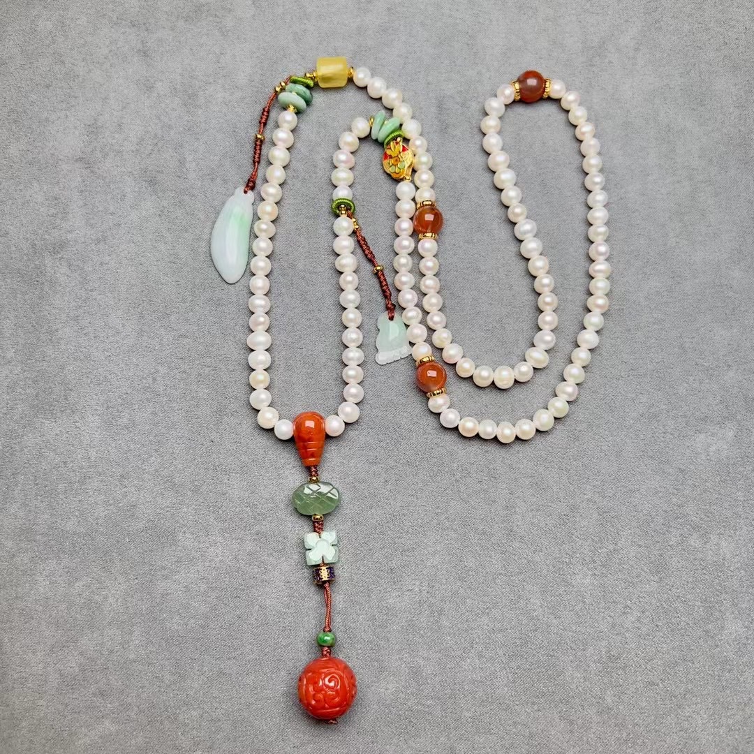 108 Natural Freshwater Pearl Necklace Female South Red Fret Beads Rich Auspicious Pendant Emerald Jasper Sweater Chain