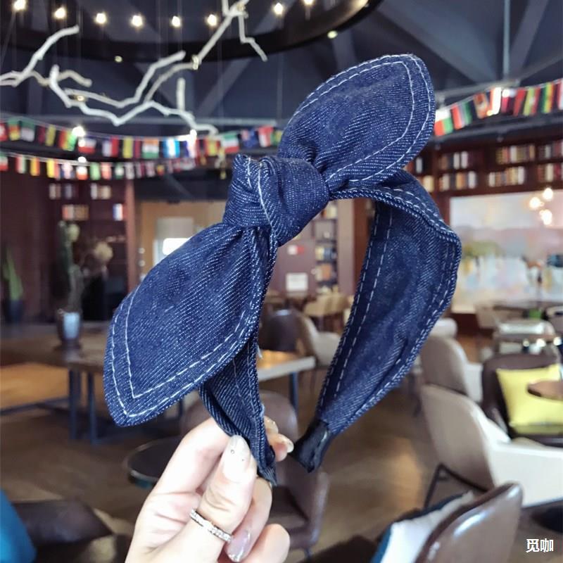 韩国头饰新款简约气质牛仔布艺兔耳朵头箍女士百变蝴蝶结细边发箍