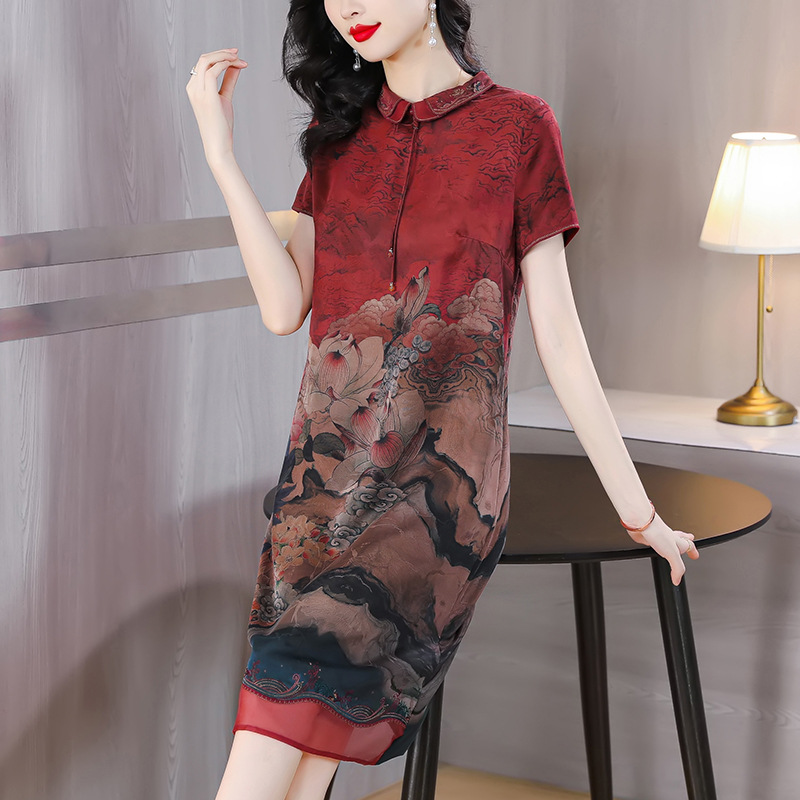 Summer 2023 New Elegant Flower Radish Heavy Slimming A- line Mulberry Silk Fragrant Cloud Yarn Purple Red Dress