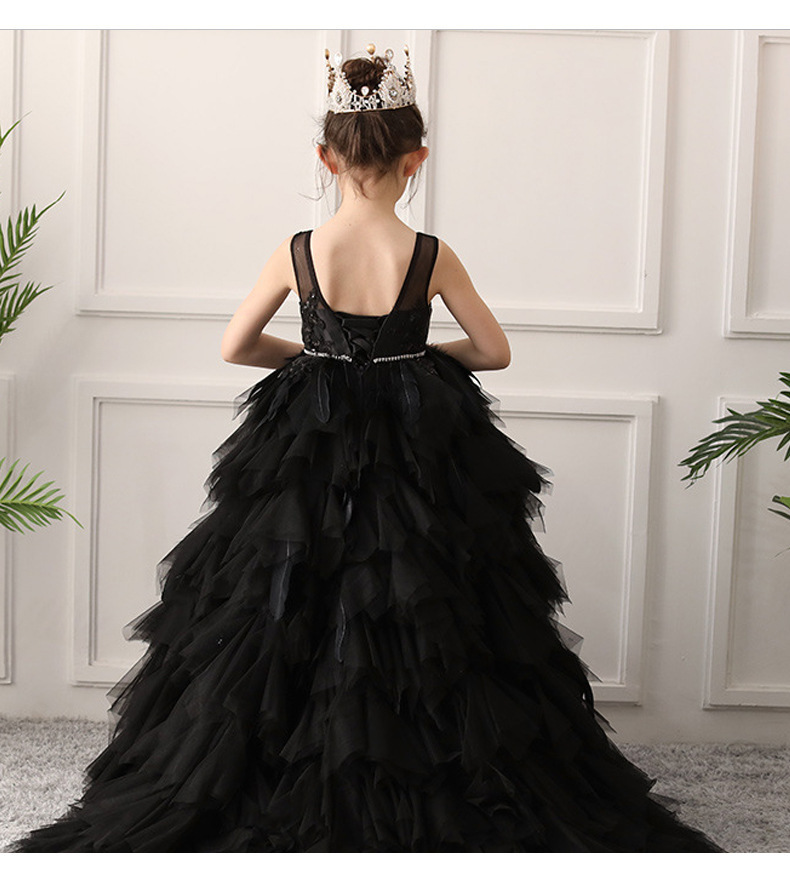 儿童黑色晚礼服拖尾公主裙时尚走秀钢琴演出主持人连衣裙女童新款