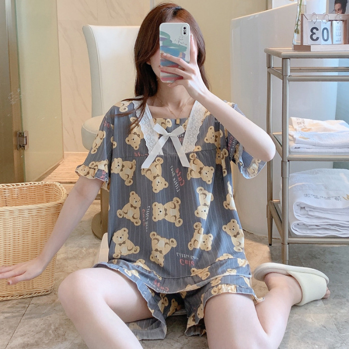 Cross-Border Foreign Trade Summer New Sweet Cute Loose Cartoon Shorts Short Sleeve Women's Pajamas Can Be Outerwear Homewear