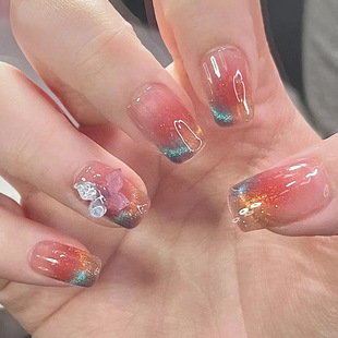 温柔甜美风穿戴甲美甲甲片 蝴蝶珍珠链条美甲粉色蝴蝶结指甲贴片