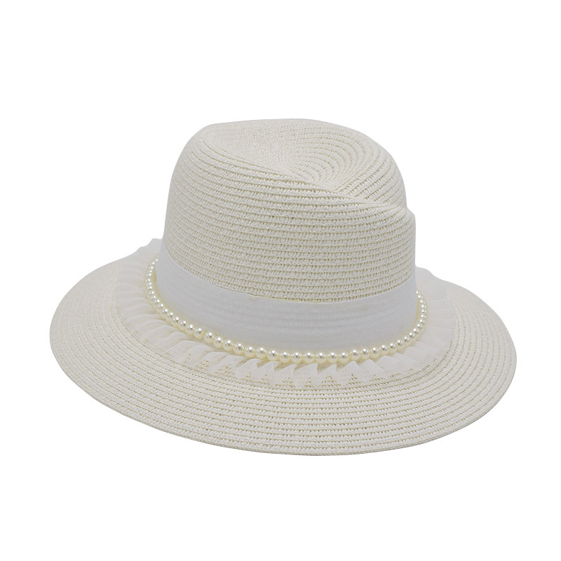 白色草帽珍珠链条礼帽女夏天逛街出游防晒遮阳帽海边度假沙滩帽子