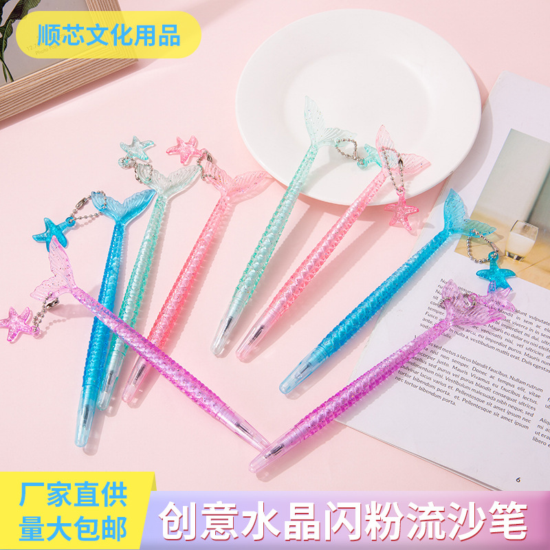 Cute Cartoon Stylish Pen Creative Crystal Glitter Powder Quicksand Pen Fishtail Fairy Pendant Gel Pen Signature Pen