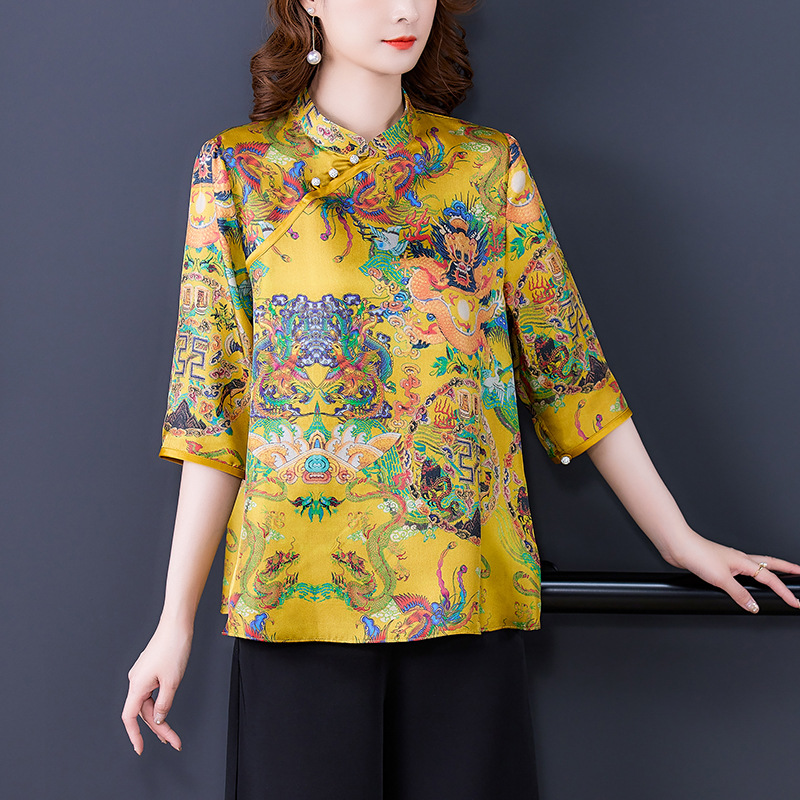 真丝龙纹印花唐装复古新中式重磅上衣女中国风改良宫廷盘扣衬衫夏