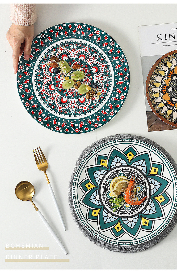 欧式陶瓷餐具波西米亚风平盘家用菜盘浅盘手绘碟子创意花纹点心碟
