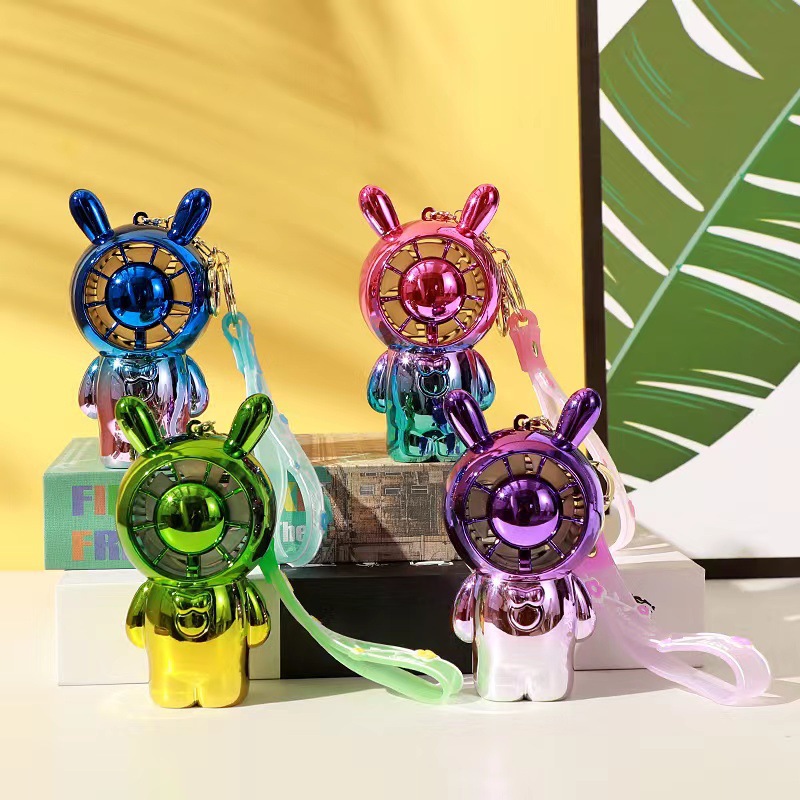 New Cool Gradient Bear Electroplating Bear Fan USB Charging Large Wind Keychain Fan Wholesale Gift Logo