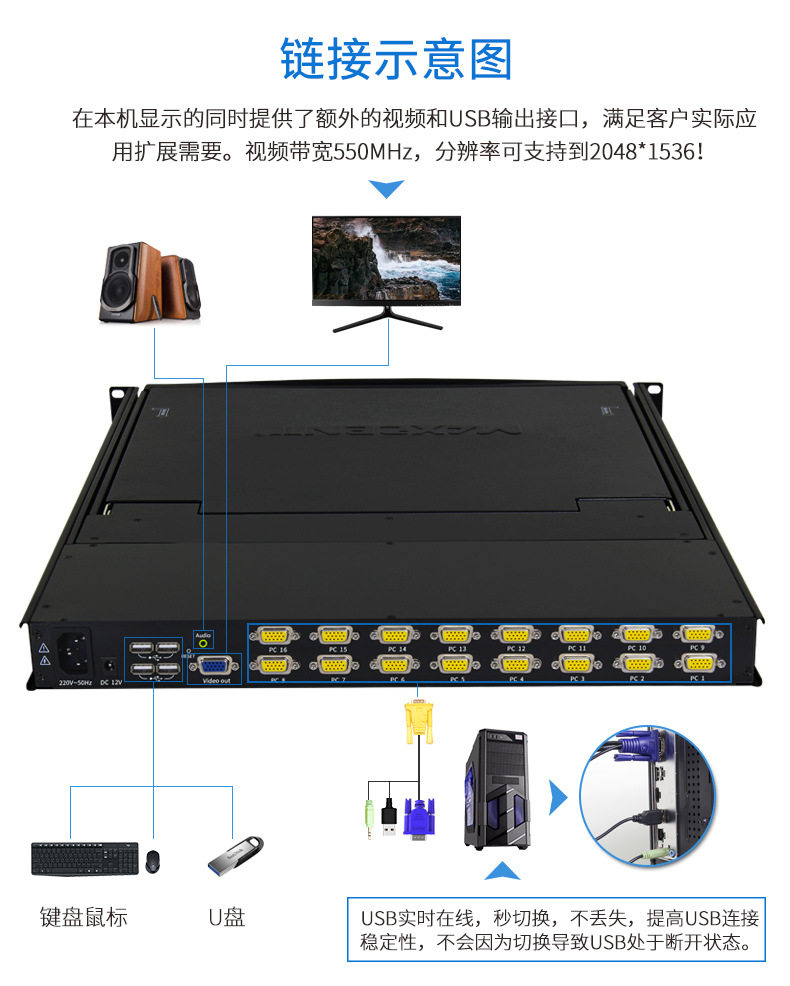 麦森特kvm切换器usb机架式8口17英寸折叠lcd液晶ae-1708-阿里巴巴