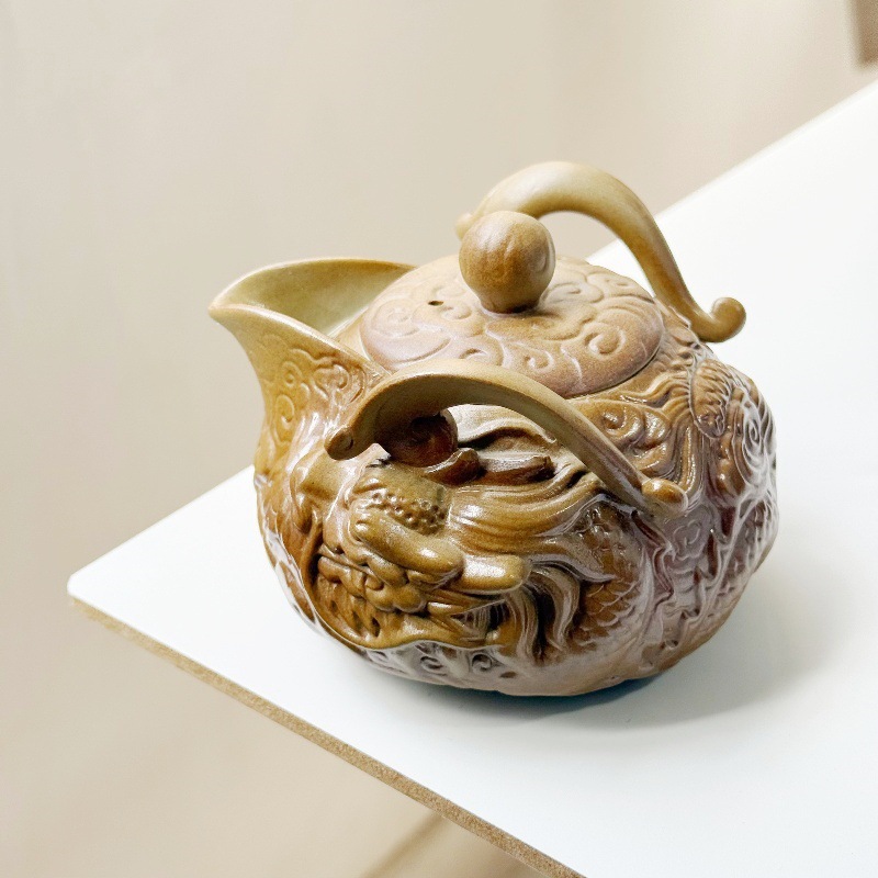 仿柴浮雕紫砂壶祥龙茶壶手抓盖碗户外一壶两杯旅行功夫茶具泡茶壶
