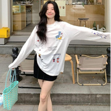 棉趣味卡通印花长袖T恤女小众2024新款舒适休闲宽松慵懒风中长款
