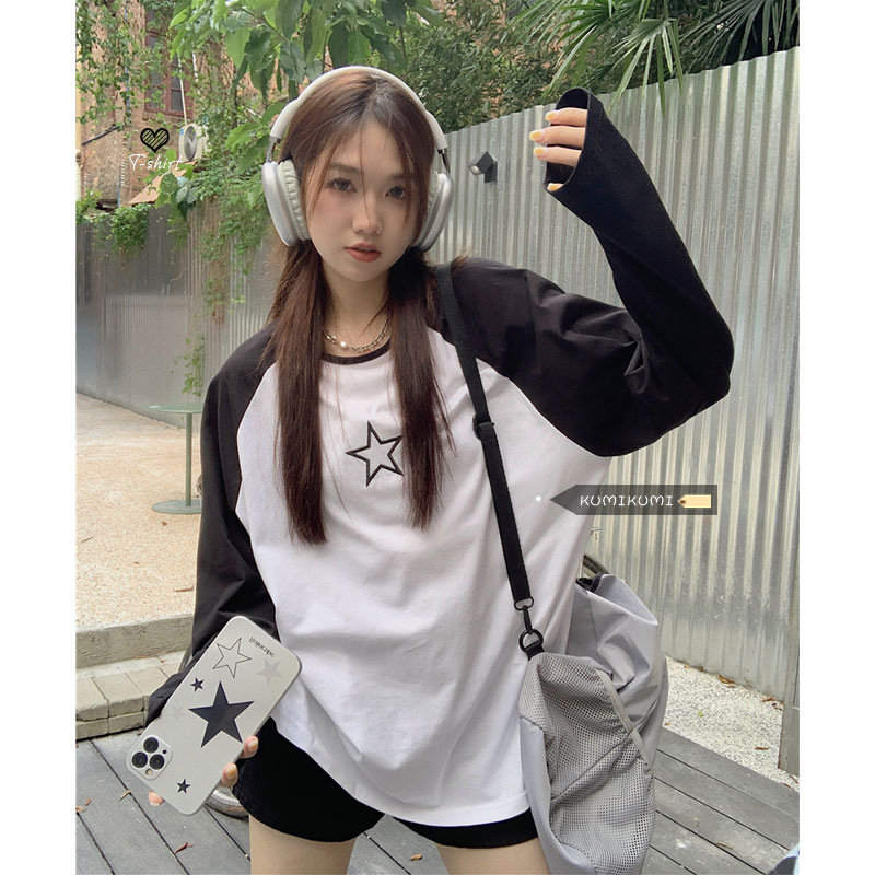 casual style raglan long sleeve loose t-shirt clothes spring and autumn women‘s ins trendy crew neck inner women‘s bottoming shirt