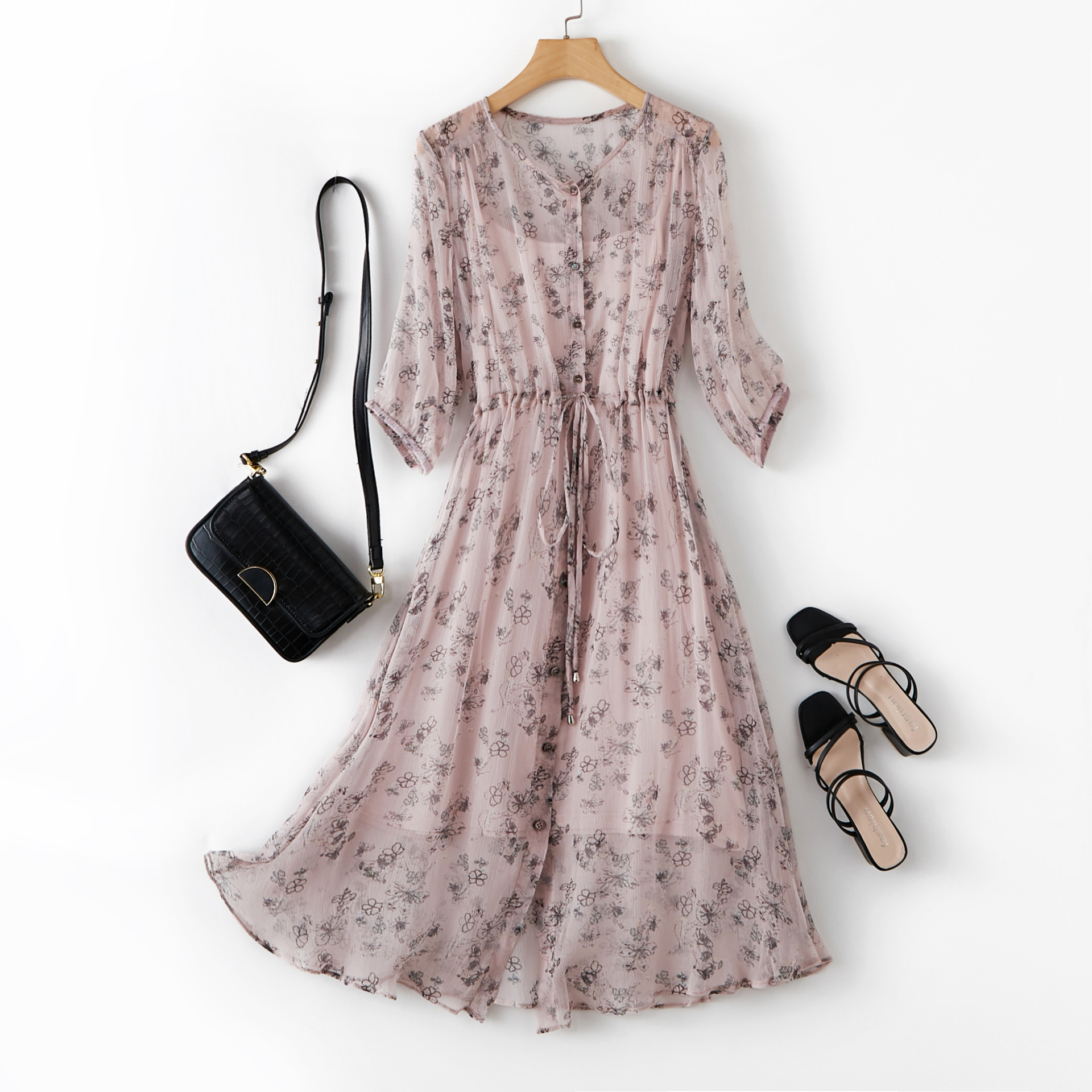 芭碧尔女装真丝连衣裙夏季新款优质桑蚕丝两件套裙子86006