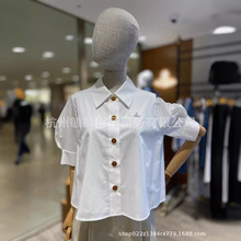现货潮流小众设计 西教母飞船刺绣polo领单排扣前短后长短袖衬衣
