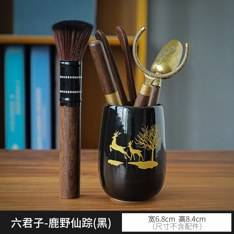 Tea Ceremony Six Items Tea Utensils Ebony Wooden Tea Clamp Tea Spoon Tea Pin Complete Set of Ceramics Tea Container Gift Suit