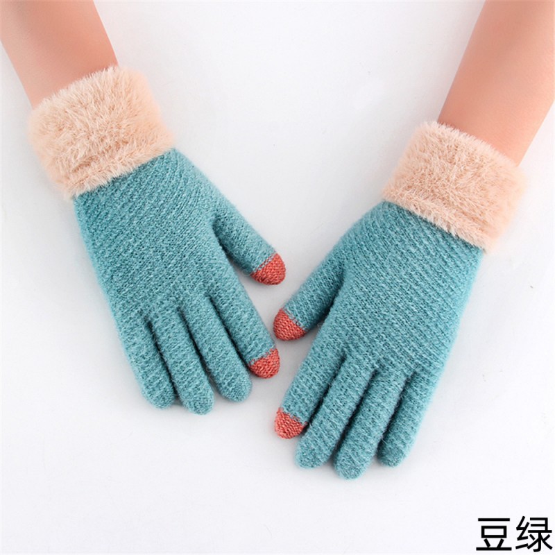 Student Gloves Women's Autumn and Winter Touch Screen Knitted Wool Velvet Cold Protection Warm Road Bike Cute Five Finger Wholesale